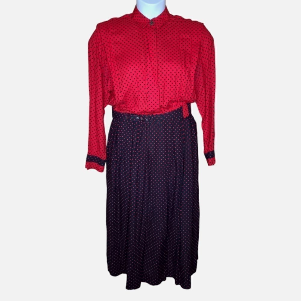 VINTAGE 80s red and black polka dot long sleeve modest midi‎ dress M